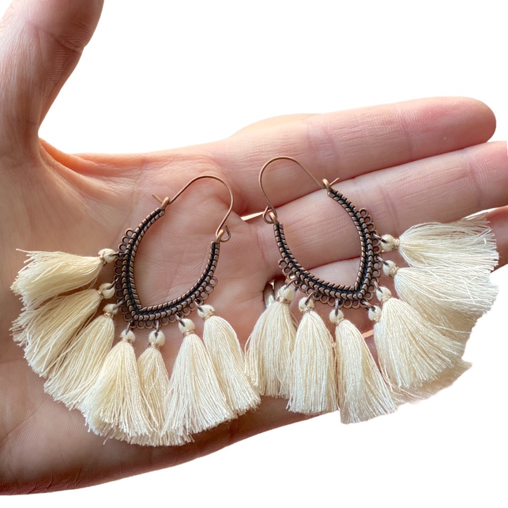 White Bohemian Tassel Drop Hook Antiqued Detailed Earrings Boutique NEW
